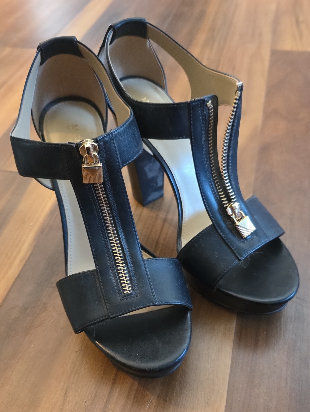 MICHAEL Michael Kors Black Leather T-strap Block Heel Sandals with Gold Zippers